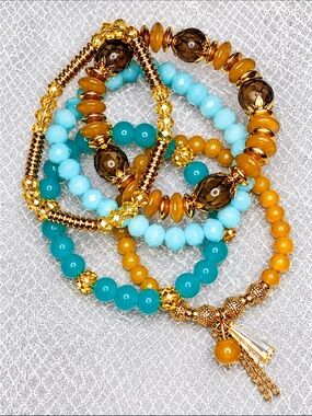 FRIENDSHIP BRACELETS 5 Strands Blue Tan Aqua Crystal Stretchy TAYLOR SWIFT